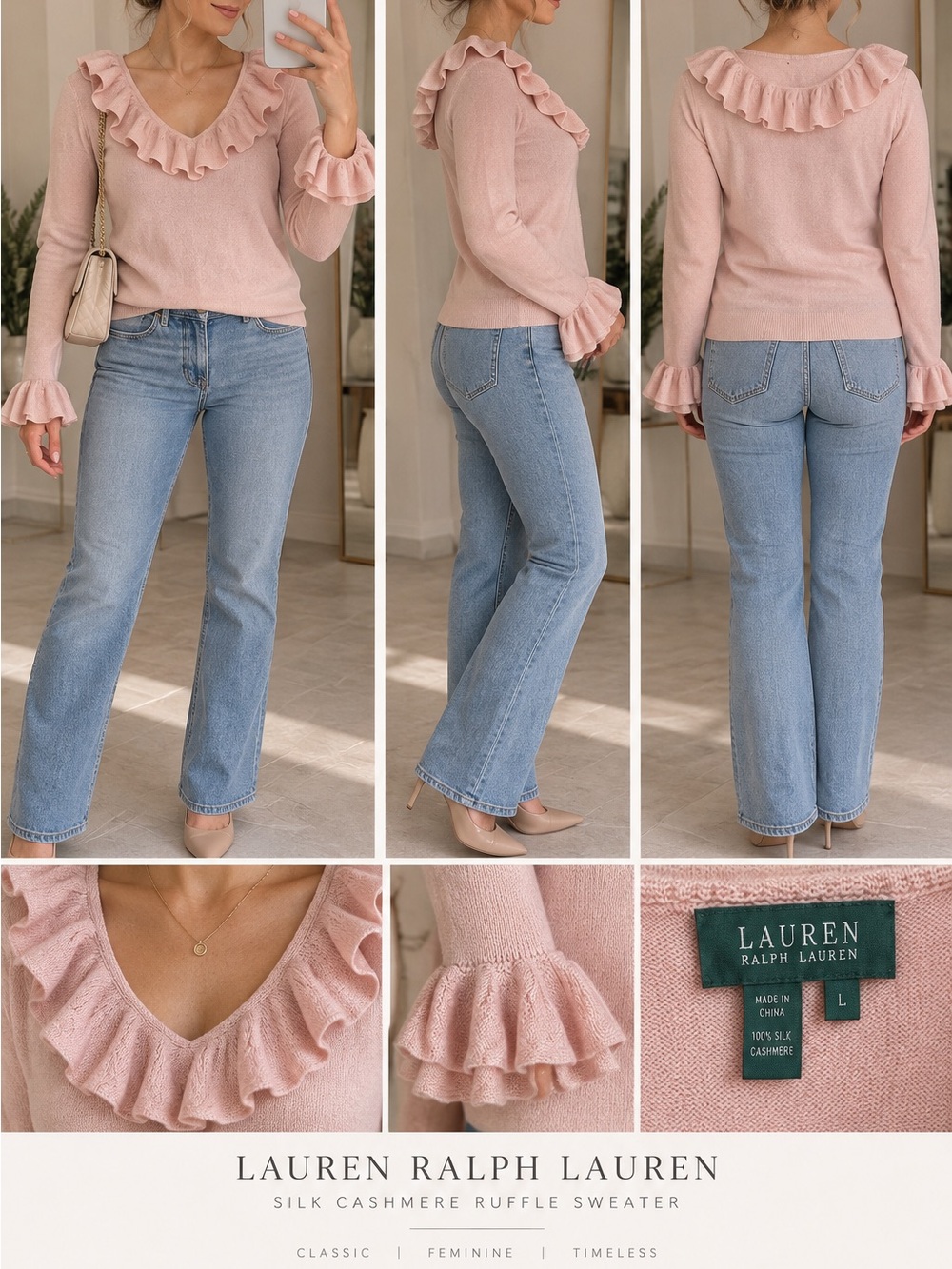 Lauren Ralph Lauren Pink Silk-Cashmere Ruffle Sweater